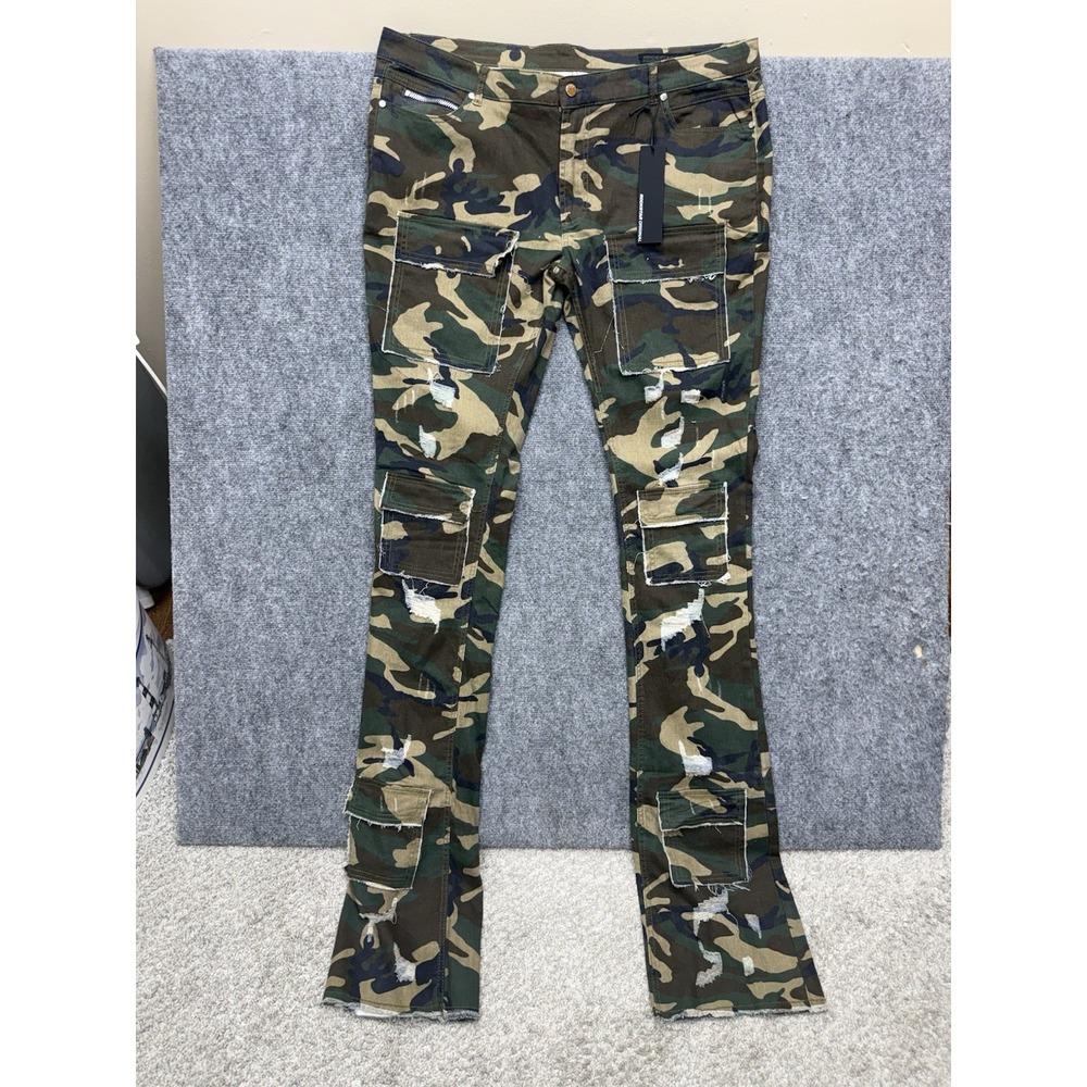 Rockstar Original green camo cargo super stacked flare jeans men's size 44 44x47